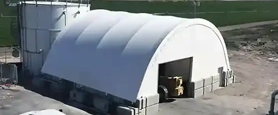 Arial view of a 40 foot wide hoop building at an oil field facility